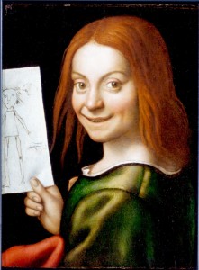 Giovanni Francesco Caroto, Ritratto di giovane con disegno infantile, olio su tavola, cm 37×29.